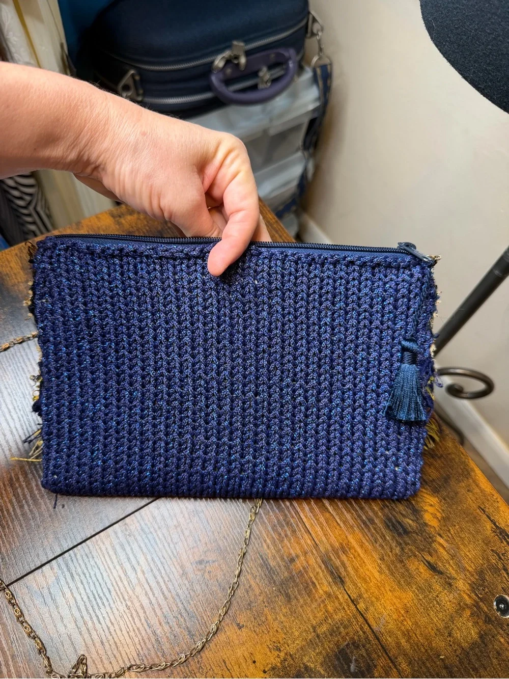 Embroidered Navy Blue Tassel Clutch with Gold Accents Gold Chain